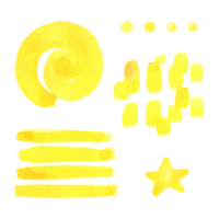 Round sun, stripes, star, polka dots, brush strokes with yellow paint. Watercolor illustration hand drawn in children's style. Set of isolated objects png