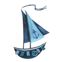 Nice blue boat with sails, striped ribbon, garland flags, anchor. Hand drawn watercolor illustration in children's style. Isolated object png