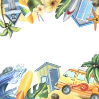 Surfboards, wooden beach cabines, tropical plants and flowers, yellow van, wave. Watercolor illustration hand drawn. Template frame png