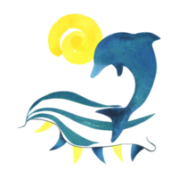 Dolphin silhouette blue turquoise with yellow sun waves of the sea and a garland of flags. Watercolor illustration hand drawn in children's style. Isolated composition png