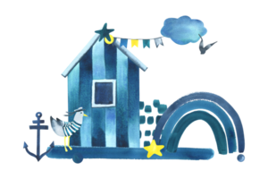 Beach sea cabin with a seagull in a vest, a rainbow, an anchor, a cloud and flags in blue and yellow. Watercolor illustration hand drawn in children's style. Isolated composition png