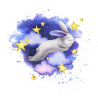 A cute gray bunny sleeps on the clouds among the stars against the background of the night sky. Watercolor illustration children's hand drawn. Isolated composition png