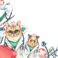 Cat with hamster doctors in a dressing gown, glasses, with a stethoscope, a suitcase and medical instruments, injections. Watercolor illustration hand drawn. Template png