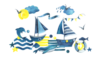 Sailing boats striped floats on the sea with a whale, seascape. Watercolor illustration hand drawn in children's style. Isolated composition png