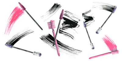 Brushes for combing eyelashes and eyebrows with a smear of black and pink paint, mascara. Watercolor illustration, hand drawn. Set of isolated elements png