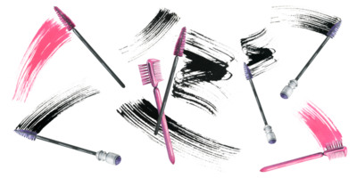 brosses pour ratissage cils et les sourcils avec une diffamer de noir et rose peindre, mascara. aquarelle illustration, main dessiné. ensemble de isolé éléments png