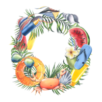 uppblåsbar leksaker, frukter, krämer, snäckskal, tropisk handflatan löv. vattenfärg illustration, hand dragen för kort, affischer, strand och sommar. strand ram, krans png
