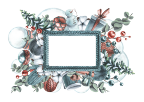 Winter, New Year, Christmas template rectangular frame with a snowman, knitted things, cotton, Christmas balls, toys, gifts. Watercolor illustration hand drawn png