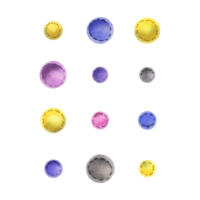 Beads sewn from felt fabric, different colors of yellow, blue, gray, pink with thread stitches. Watercolor illustration, hand drawn. Set of isolated elements png