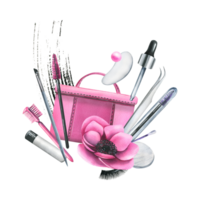 Cosmetic bag with creams, brushes and makeup products pink with flowers. Watercolor illustration, hand drawn, for a beauty salon, cosmetics manufacturers png