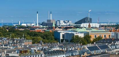 Aerial view of the rooftops of Kartoffelraekkerne neighborhood, in Oesterbro, Copenhagen, Denmark. photo