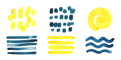 conjunto de resumen acuarela pintar lugares, manchas, olas cepillo golpes en turquesa, azul y amarillo. mano dibujado ilustración para fondo, decoración. aislado objetos png