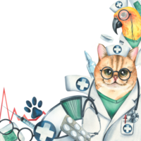 Veterinary doctors cat with parrot, medical instruments, footprints. Watercolor illustration, hand drawn, for the design of clinics, hospitals, pharmacies. Template png