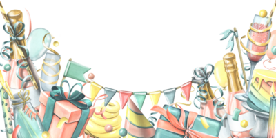 festlich Geburtstag Rand mit Sekt, Luftballons, Kuchen, Geschenk Kisten, Kerzen, Brille und Flaggen. Hand gezeichnet Aquarell Illustration zum Einladungen, Karten, Photozonen, Plakate. png