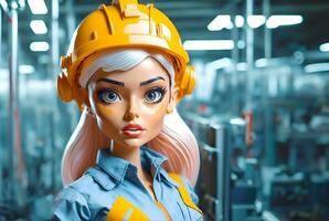 Beautiful doll worker in helmet, labour day concept. Young engineer woman working in industrial factory. photo