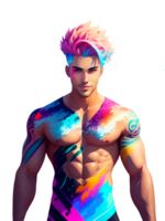 Abstract Colorful Paint Splash Fit Muscular Young Man. Generative AI png