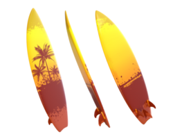 3d le rendu Jaune et marron planche de surf avec paume des arbres devant, côté et retour vue png