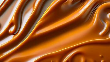 Delicious melted caramel texture. Flow, wave and drops splash caramels sauce. Sweet food design background. AI Generative photo