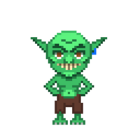 An 8-bit retro-styled pixel-art illustration of a green goblin with sapphire jewerly. png