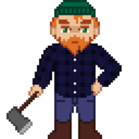 An 8-bit retro-styled pixel-art illustration of a lumberjack wearing a blue flannel and holding an iron axe. png