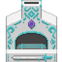 An 8-bit retro-styled pixel-art illustration of a white furnace with sapphire engravings. png