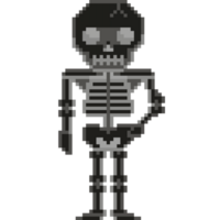 An 8-bit retro-styled pixel-art illustration of a black skeleton. png