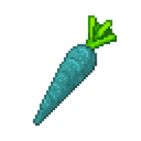 An 8-bit retro-styled pixel-art illustration of a blue carrot. png
