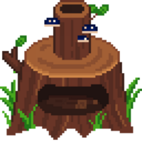 An 8-bit retro-styled pixel-art illustration of a wooden furnace with blue mushrooms. png
