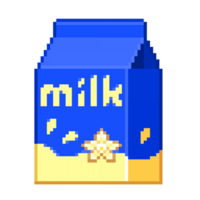 een 8-bits retro-stijl pixel-art illustratie van een blauw vanille melk karton. png