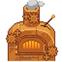 een 8-bits retro-stijl pixel-art illustratie van een bronzen steampunk oven. png