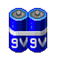 An 8-bit retro-styled pixel-art illustration of a 9 volt battery. png