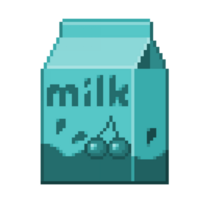 An 8-bit retro-styled pixel-art illustration of a blue cherry milk carton. png