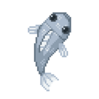 An 8-bit retro-styled pixel-art illustration of a gray fish. png