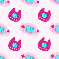90s 00s seamless pattern game console and japanese toy in flat cartoon style. Pink background computer games, pop art. vector