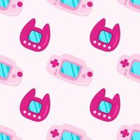 90s 00s seamless pattern game console and japanese toy in flat cartoon style. Pink background computer games, pop art. vector