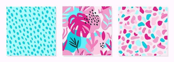 Set of trend seamless patterns in barbiecore style. Pink and blue abstracts dots background. Tropical exotic pattern for paper, fabric, interior vector