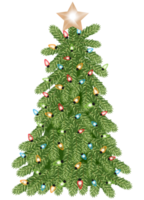 Christmas tree with Xmas star and lights isolated.Green fir or pine tree decorated with glowing garland and baubles.Element design for New Year holiday,Card,Invitation png