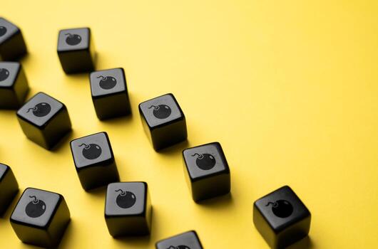 Area of danger through bombs. Concept of difficulties and danger. Place for text. Plan of action on escape from a hazardous or risky circumstance. Navigate towards safety. Don't take risks. photo