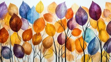 Watercolor colorful background made of fallen autumn leaves photo