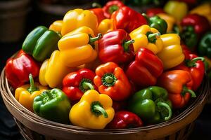 Colorful organic peppers in autumn tray market agriculture farm background top view photo