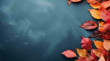 Autumn background with colored red leaves on blue slate background top view copy space photo