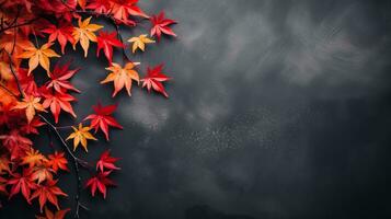 Autumn background with colored red leaves on grey slate background top view copy space photo