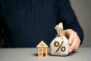 House and money bag with percent symbol. Homeownership and financial growth photo