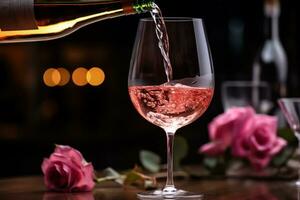 Rose wine being poured into glass close-up macro shot photo