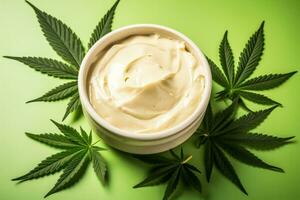 Cream with cannabis isolated on pastel background photo