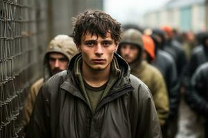 Immigration to Germany young men standing at the border fence photo