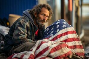 Vagabundo hombre duerme en el pavimento en el Estados Unidos ocultación detrás el americano bandera foto