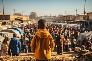 Crowd of refugees view from the back with staff and children photo