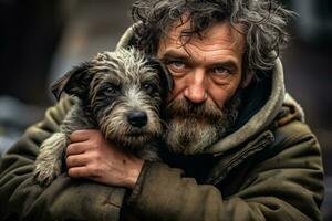 Vagabundo hombre con perro foto