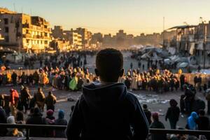 Crowd of refugees view from the back with staff and children photo